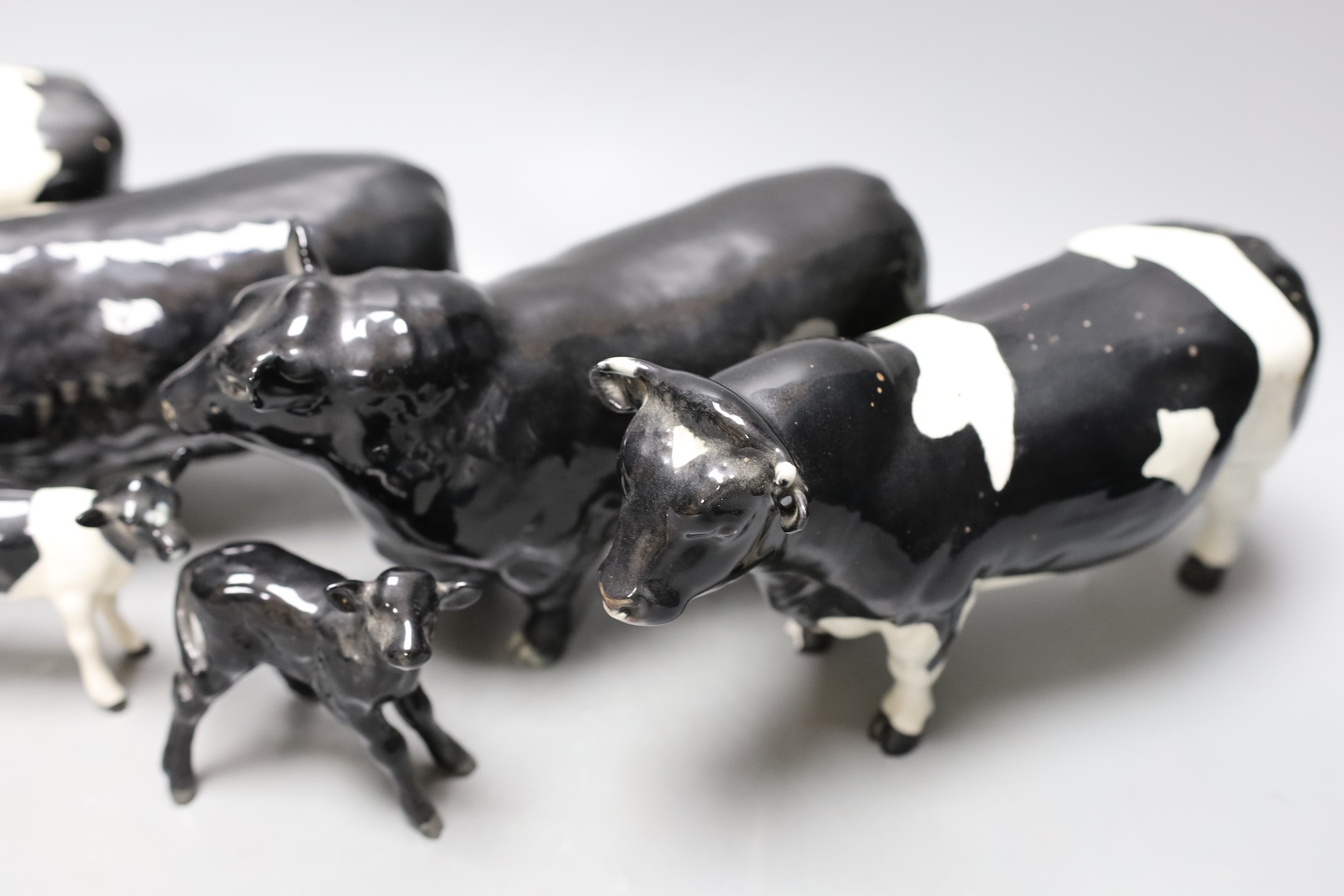 A Beswick Aberdeen Angus bull, cow and calf, together with a Godington Hilt Bar bull, cow and calf
